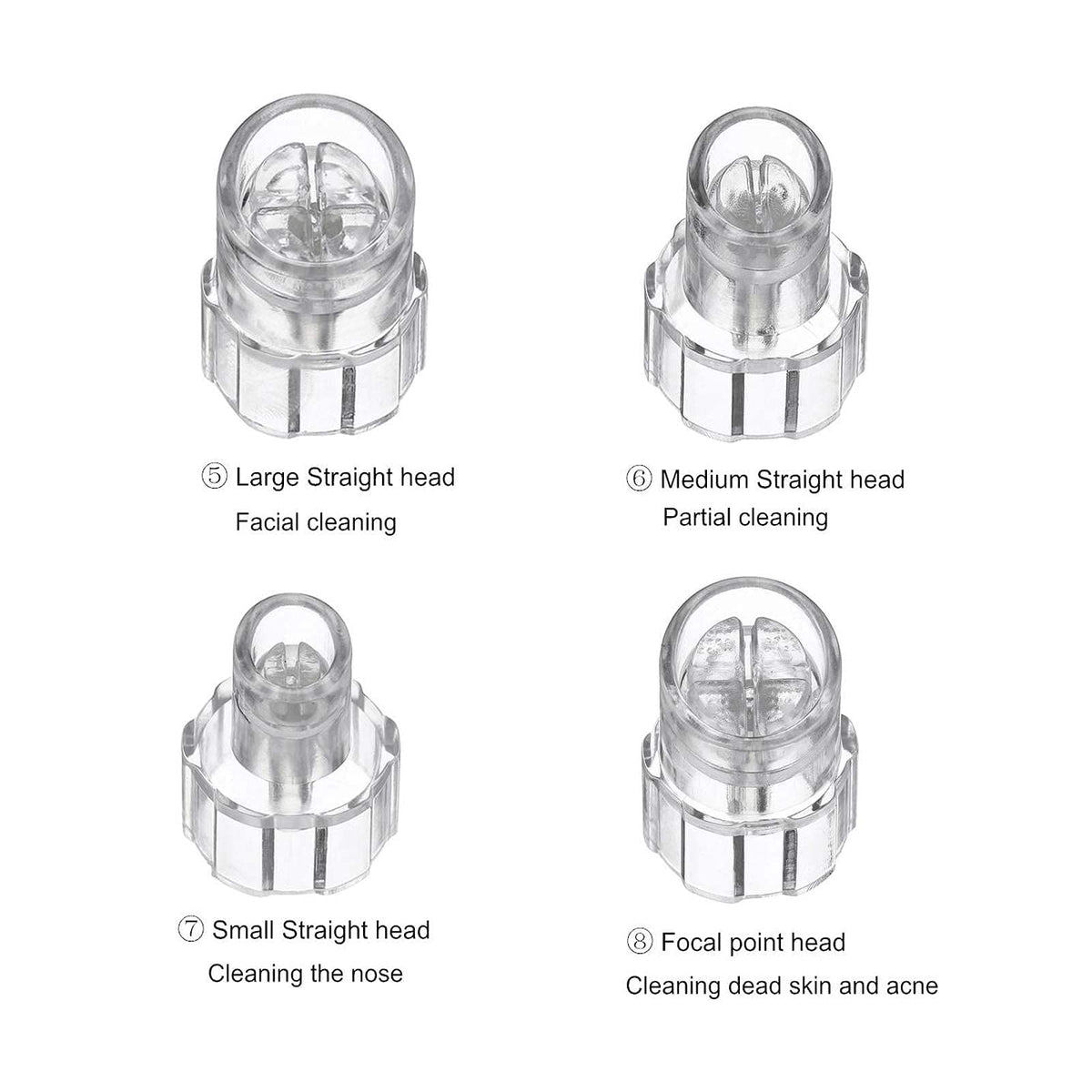 Transparent microdermabrasion heads highlighting spiral vortex design and textured openings.