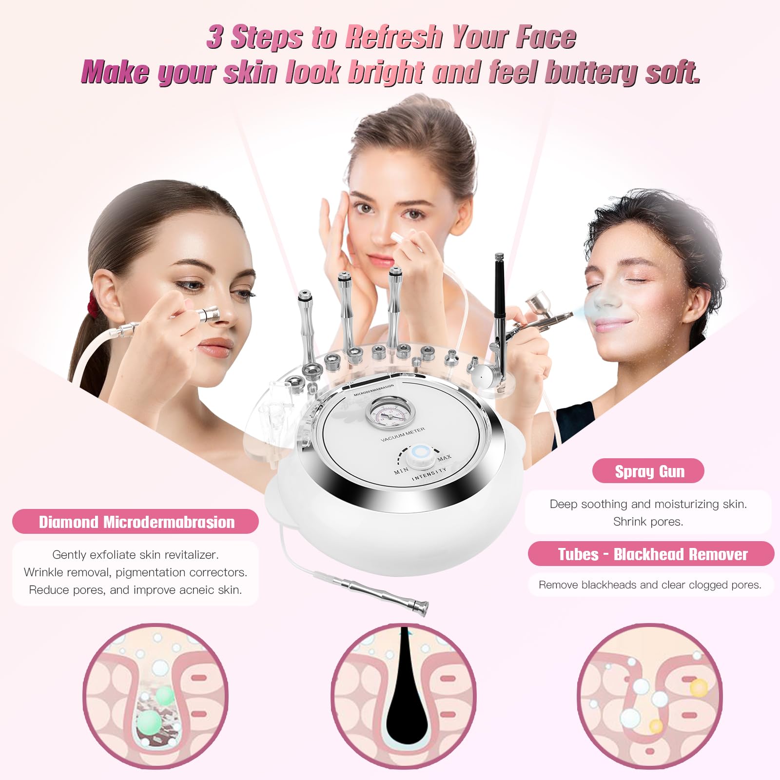 TopDirect facial skin care salon device with complete set of nine sterile diamond tips and three wands