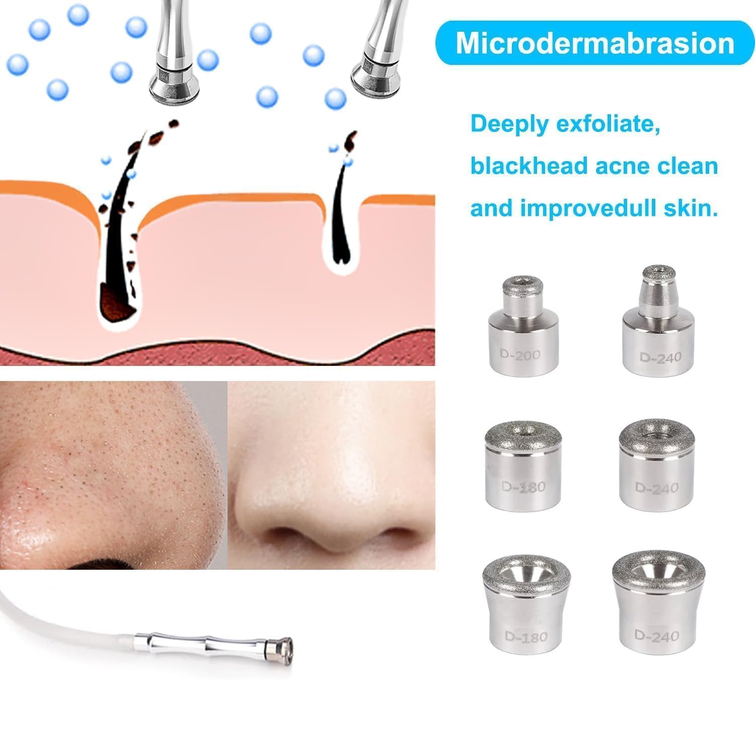 Different angles of the 6 piece diamond dermabrasion head replacement accessories