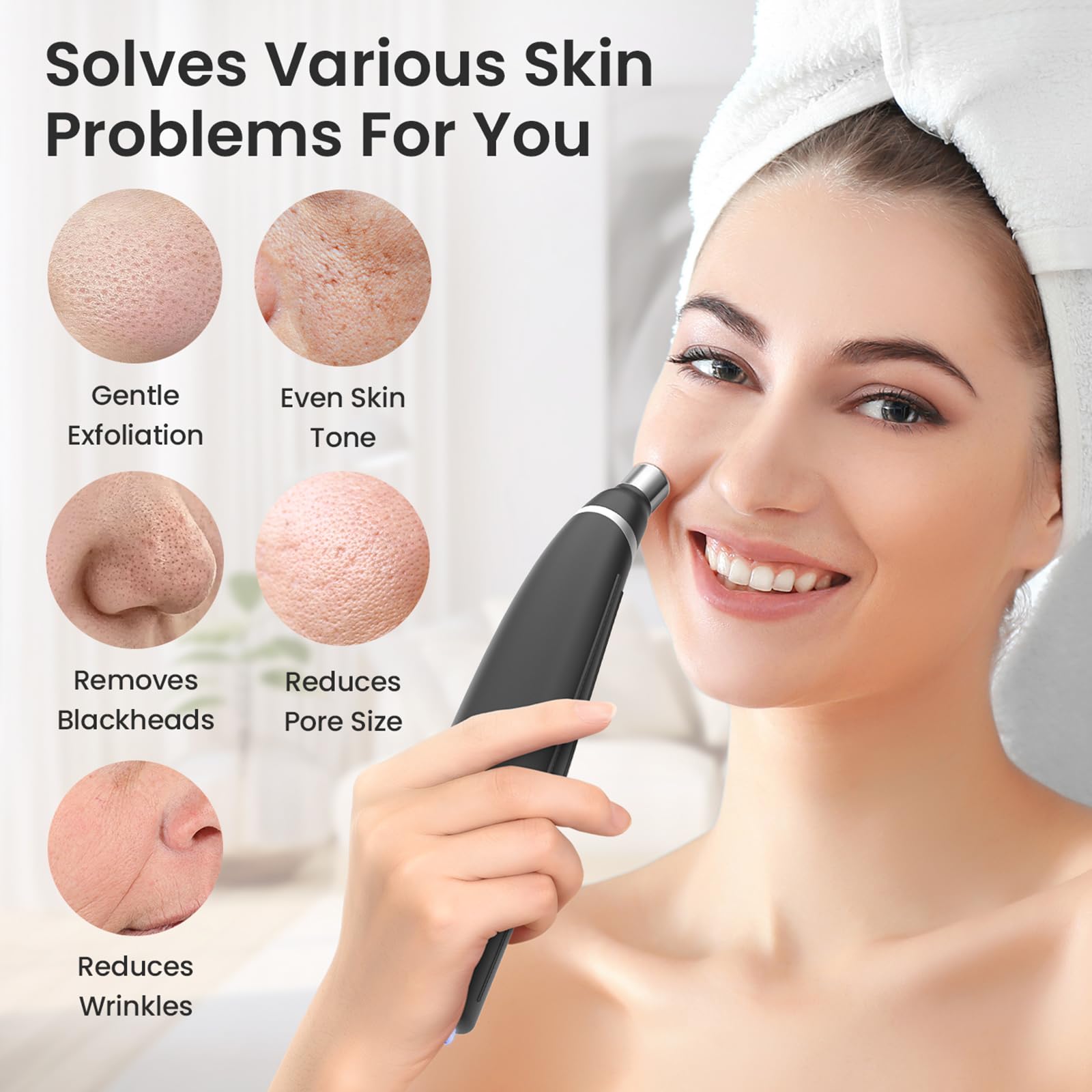 Handheld microdermabrasion facial tool being adjusted to one of the three suction levels for customized skin care.