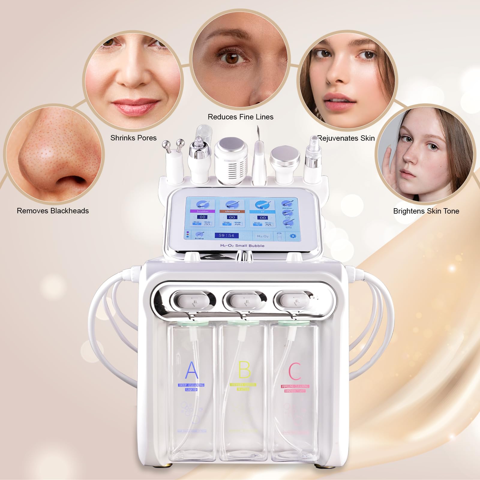 Side view of the white OIJIIE hydrogen oxygen facial peeling machine showing ergonomic probe holders