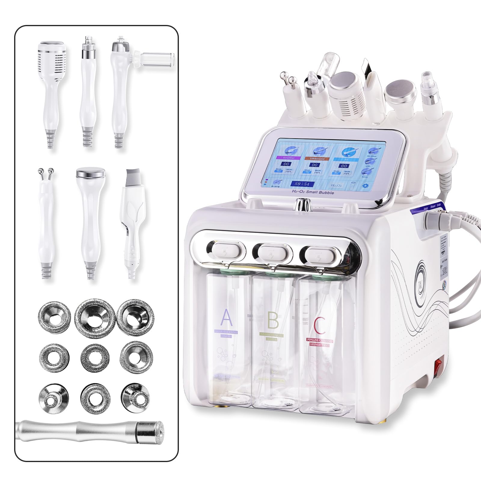 Full kit of the OIJIIE hydrogen oxygen facial peeling machine with all seven functional probes connected