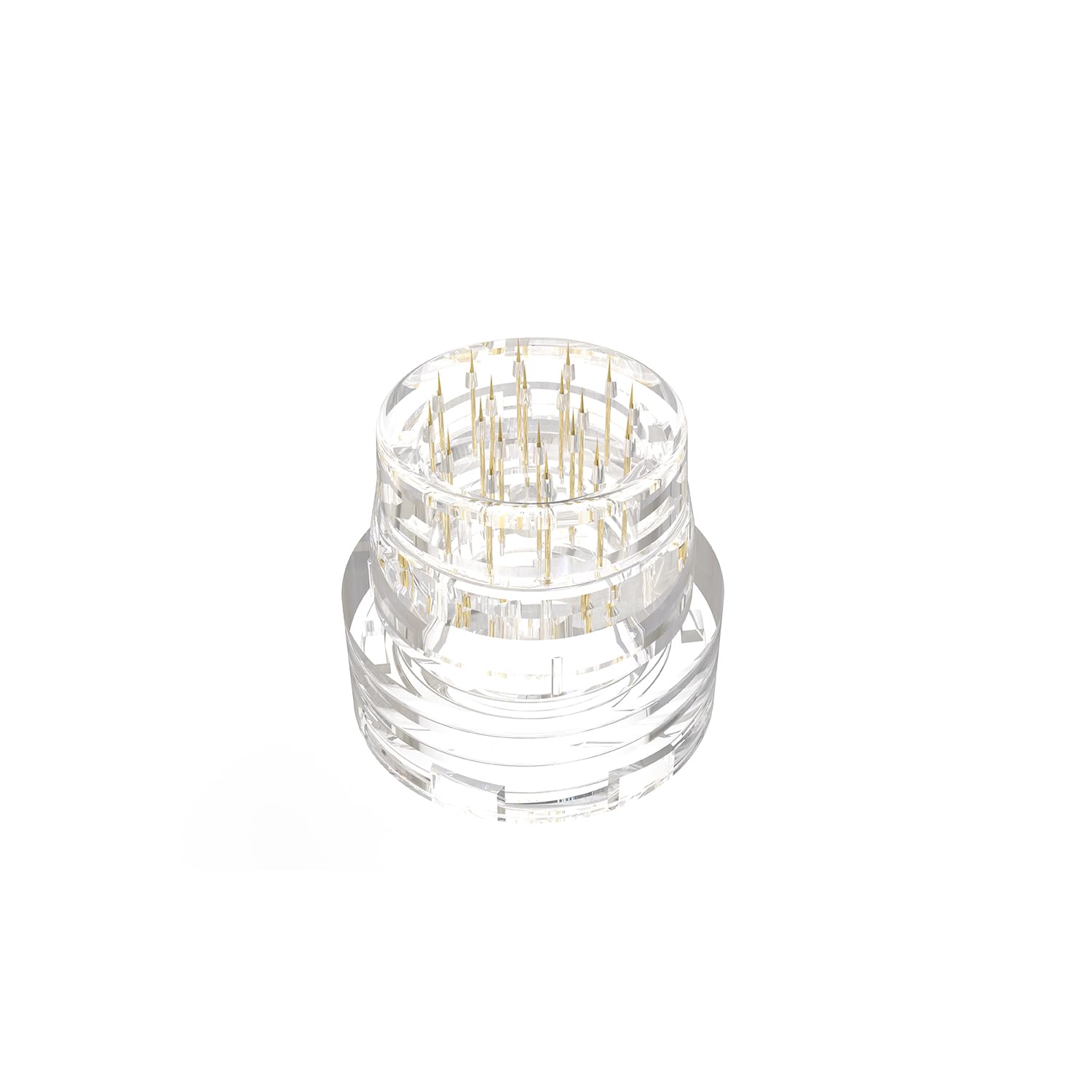 Close up of twenty gold plated needles on the threaded connection derma stamp head