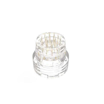 Close up of twenty gold plated needles on the threaded connection derma stamp head