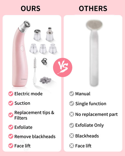 Close-up view of the three interchangeable suction heads included with the pink NEWDERMO facial tool