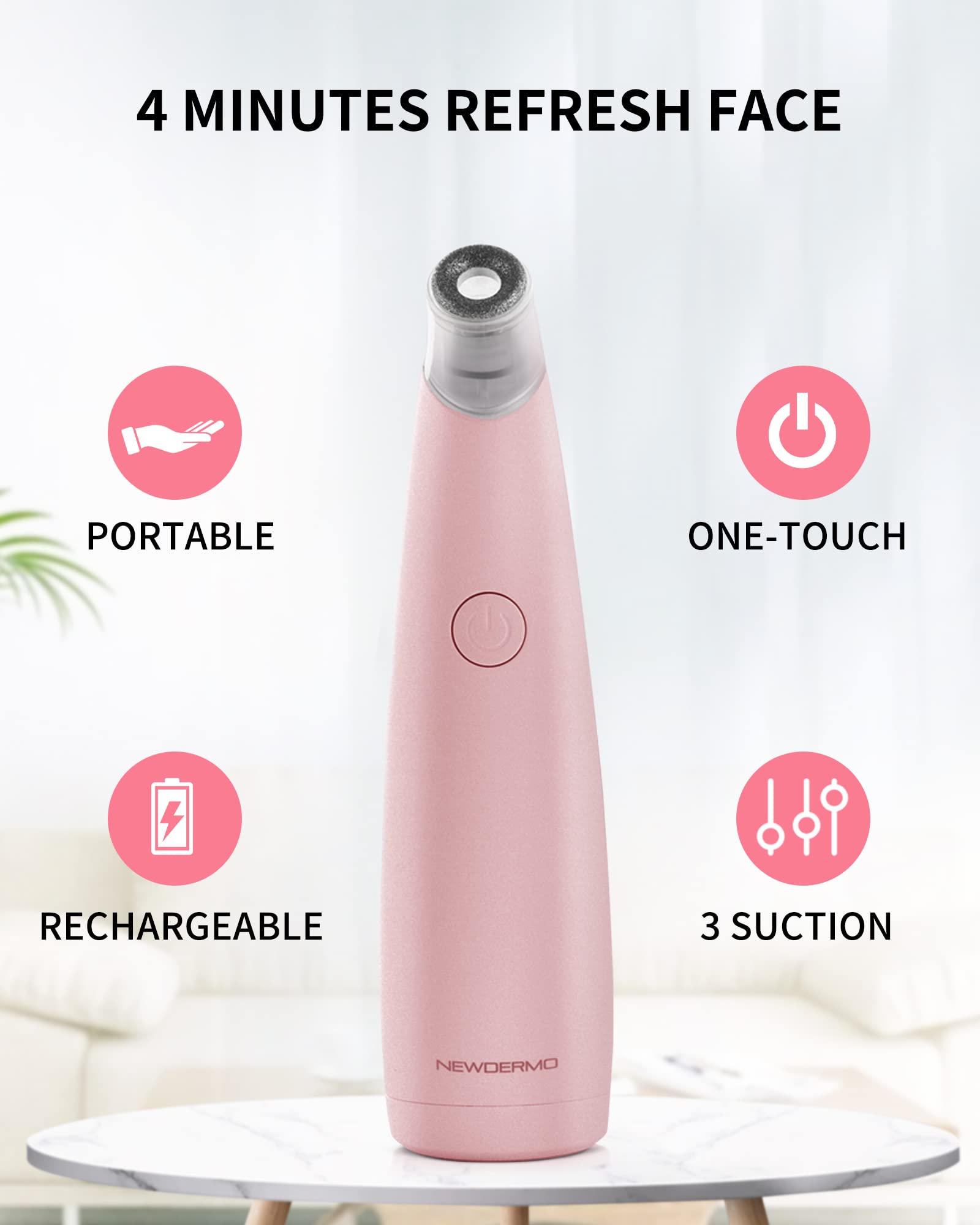 NEWDERMO pore vacuum and microdermabrasion machine displaying the digital power button interface