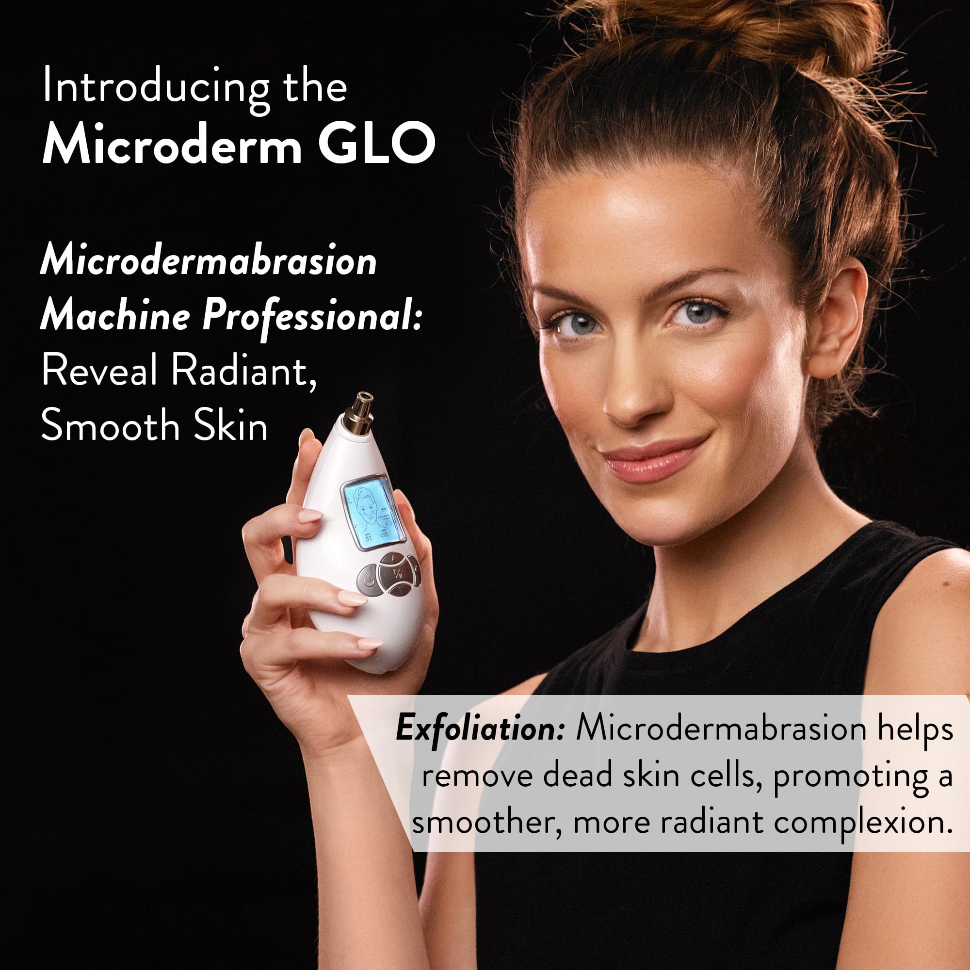 Microderm GLO home facial treatment system display screen showing user interface settings for clinical exfoliation.