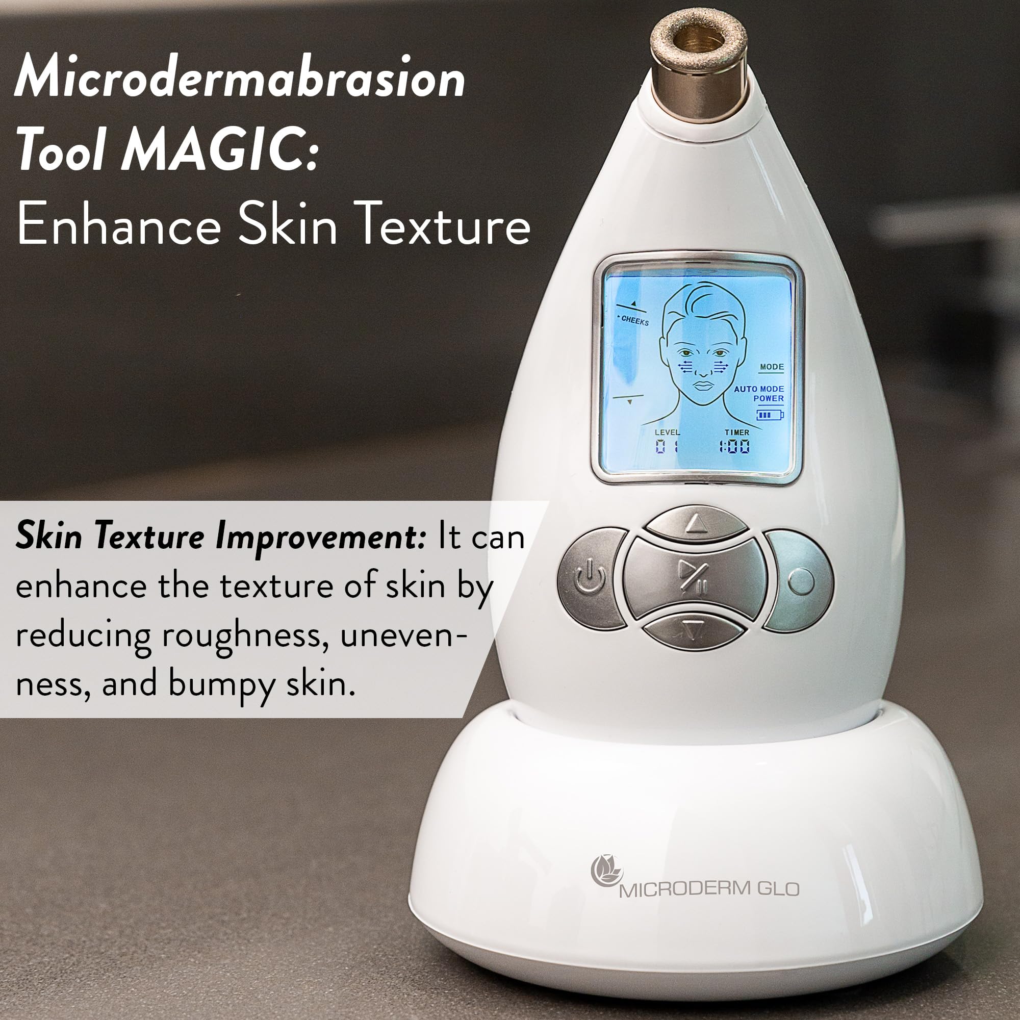 Microderm GLO anti aging skincare device being held to demonstrate cordless portability and comfortable grip.