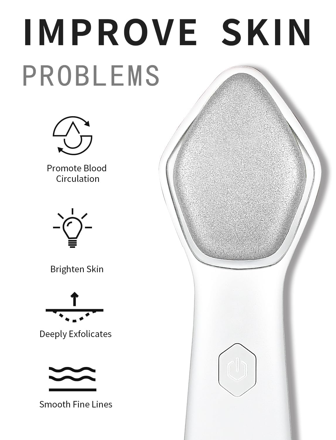 At home microdermabrasion wand tool by NEWDERMO highlighting the three levels frequency buttons.
