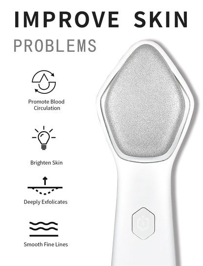 At home microdermabrasion wand tool by NEWDERMO highlighting the three levels frequency buttons.