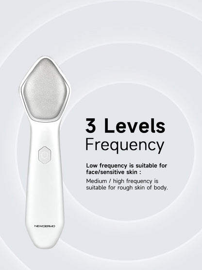 White NEWDERMO electric exfoliating machine being rinsed under water to demonstrate IPX6 waterproof rating.