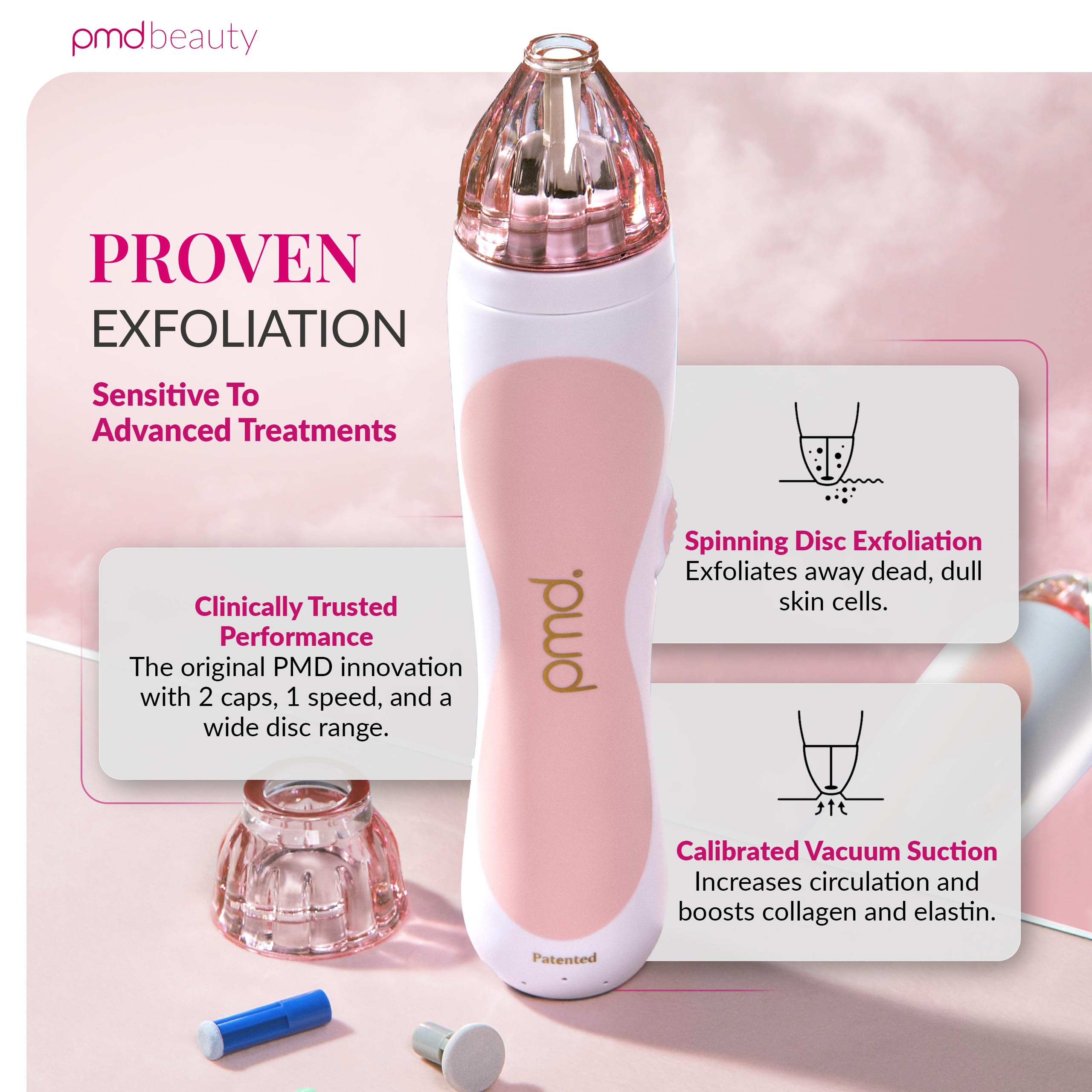 PMD Beauty Personal Microderm Classic facial exfoliator tool with interchangeable spinning discs spread out.