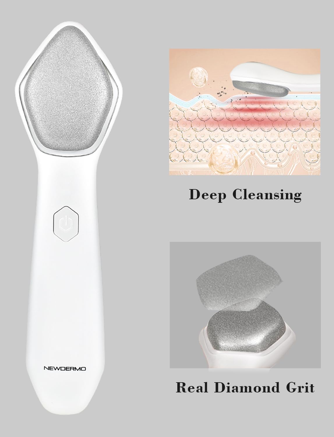 Ergonomic white skin exfoliation wand displaying the complete cordless design setup.
