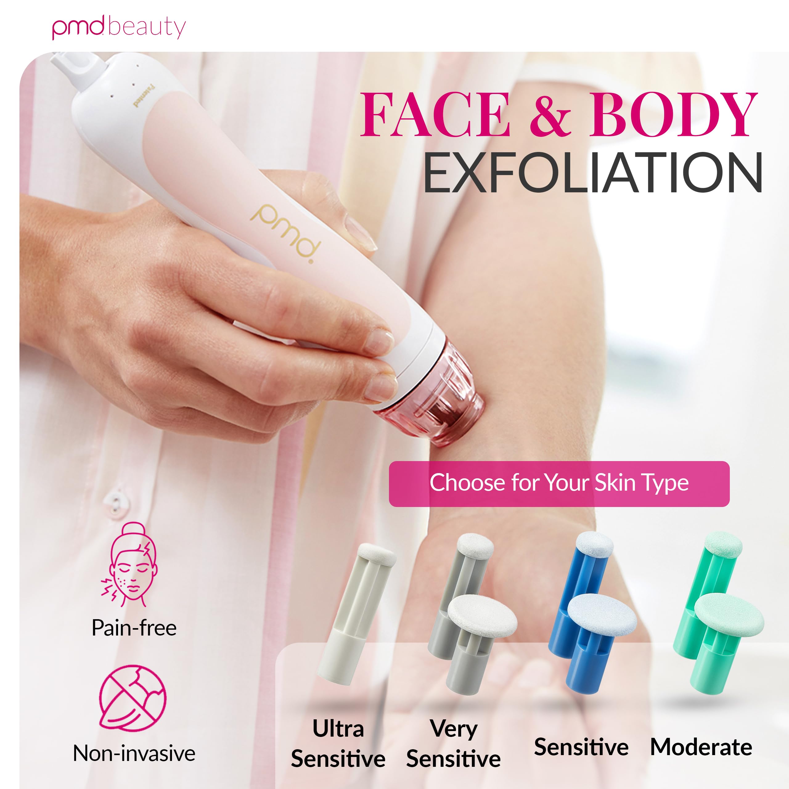 PMD Beauty Personal Microderm Classic unboxing displaying calibrated vacuum suction caps and power cord.