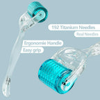 Close up view of the 192 titanium microneedles on the blue roller head