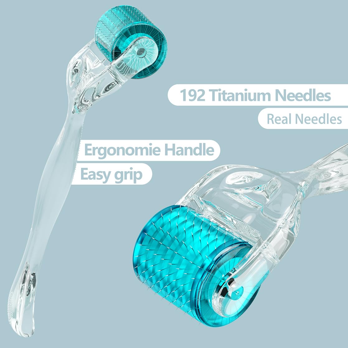 Close up of the GXBRSY 192 needle facial roller showcasing the high quality titanium needle layout