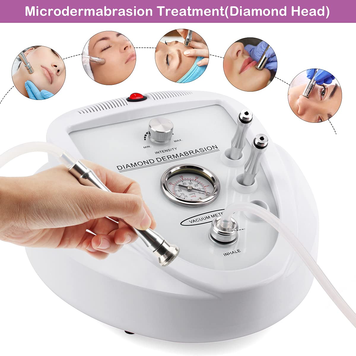 Yofuly diamond dermabrasion unit showing the adjustable vacuum suction power knobs and hose attachment port.