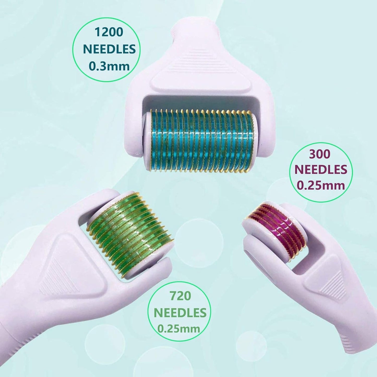 Three replaceable golden titanium microneedle roller heads with varying needle counts
