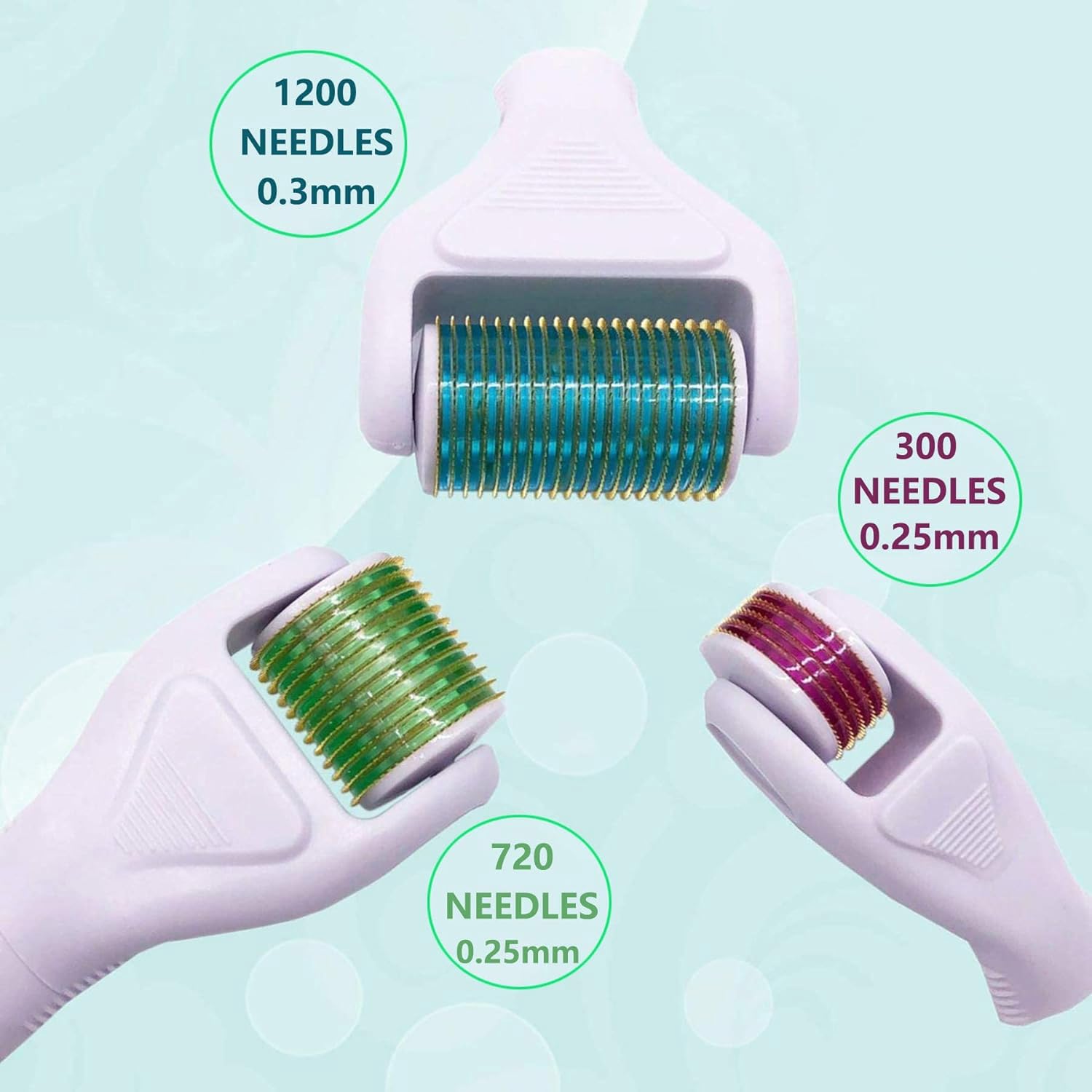Three replaceable golden titanium microneedle roller heads with varying needle counts