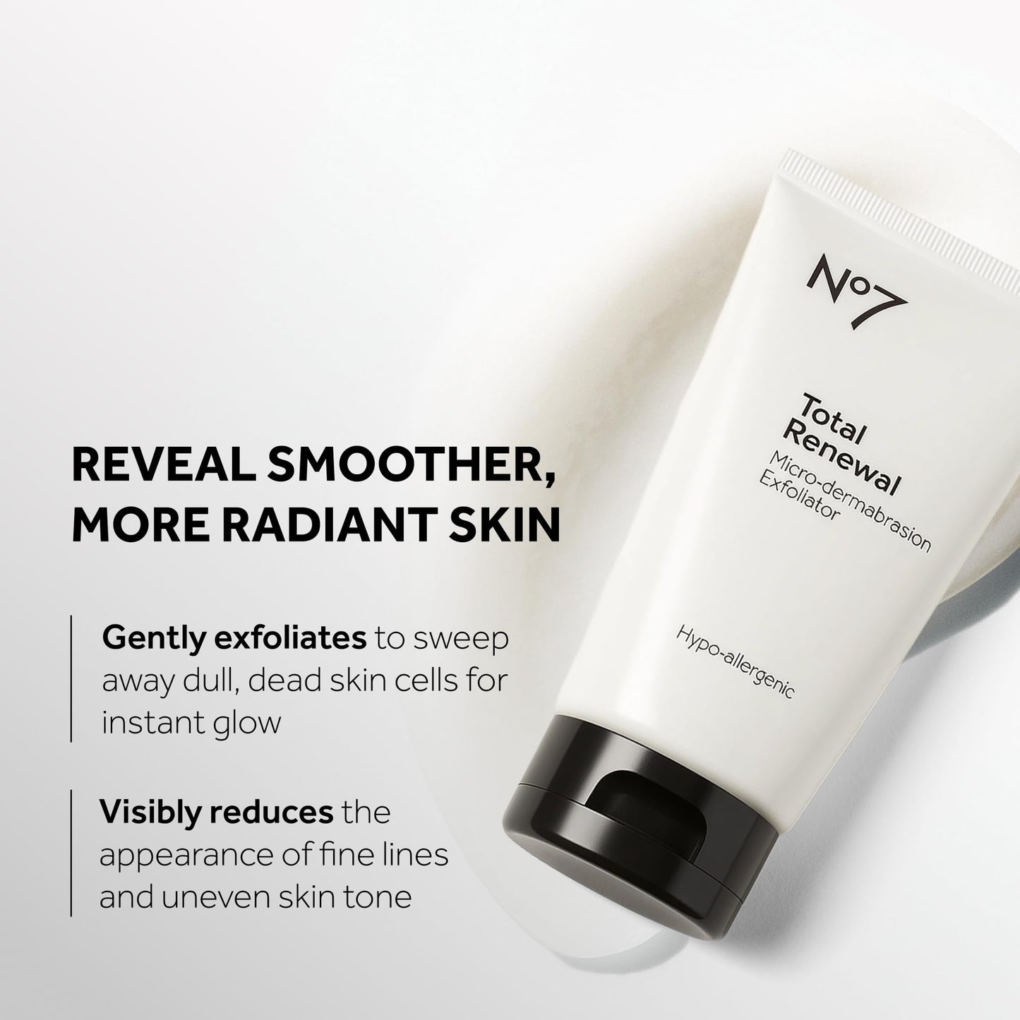 No7 exfoliating face wash packaging showing product benefits and anti-aging claims