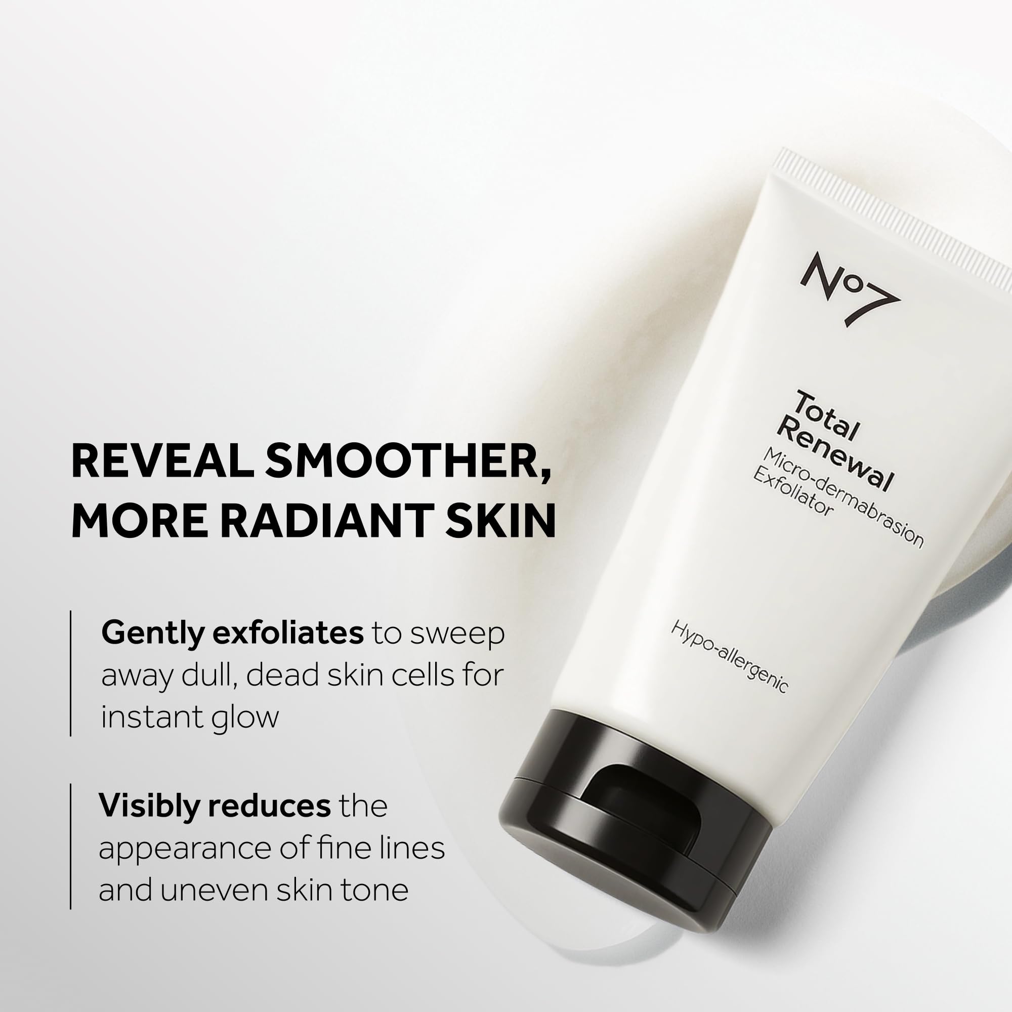 No7 exfoliating face wash packaging showing product benefits and anti-aging claims