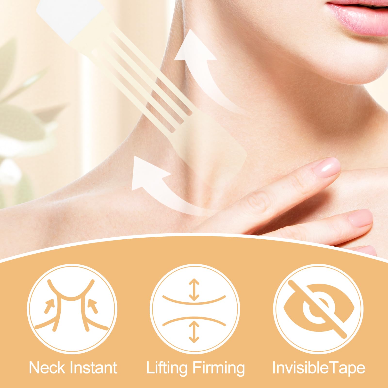 Close up view of the translucent unscented yellow neck lift tape patches displaying their ultra thin elastic texture