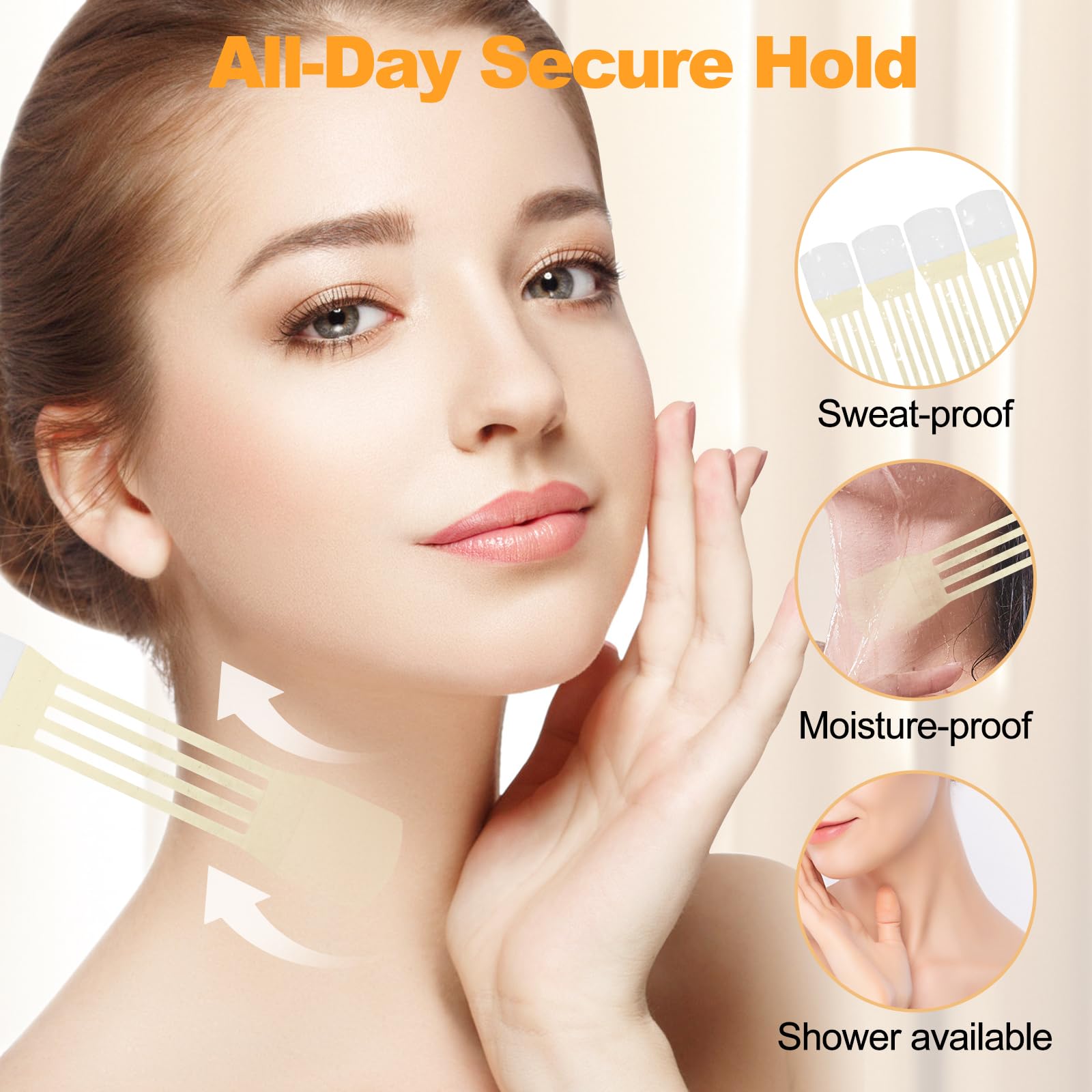 Demonstration of the high elasticity double chin sticker being stretched to showcase its durable jawline contouring support
