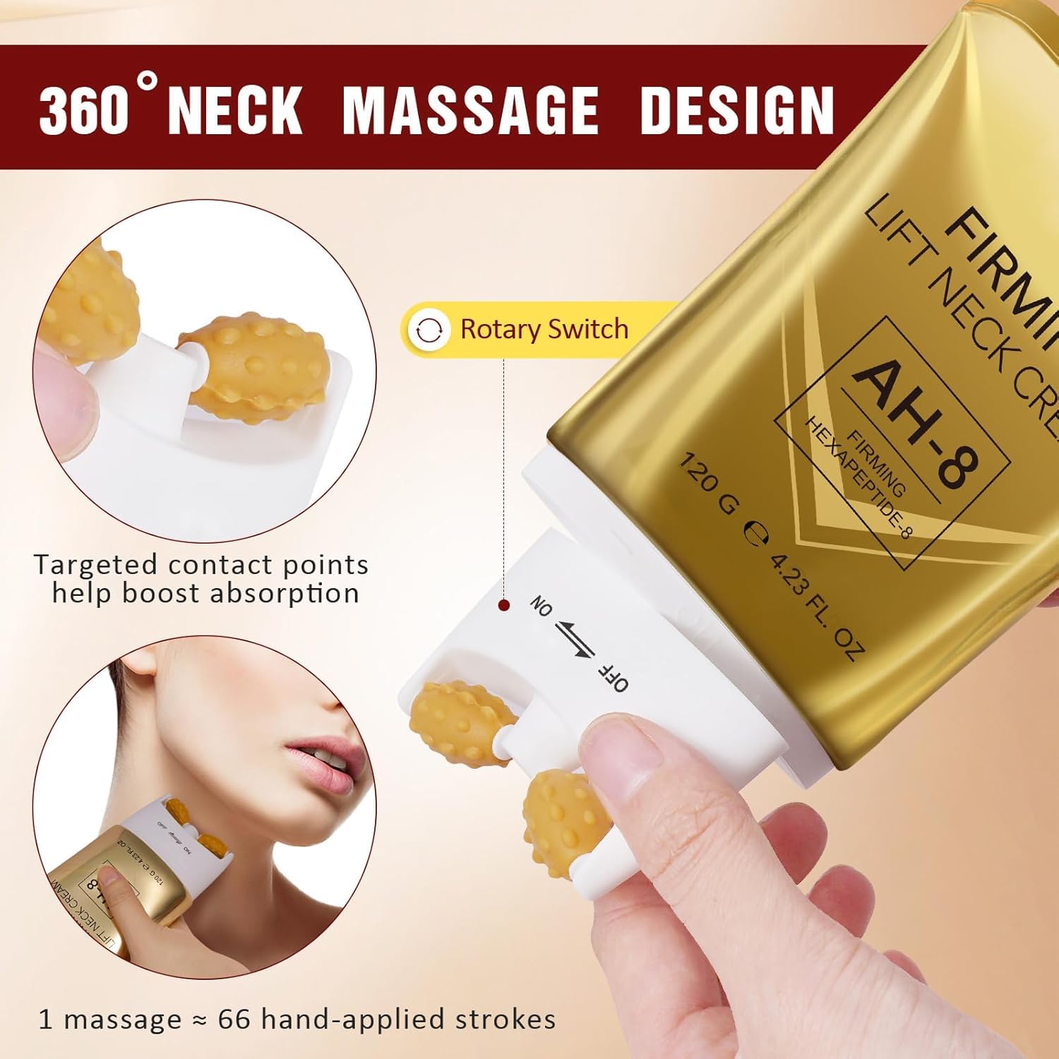 Applying AH-8 neck cream with roller to neck area