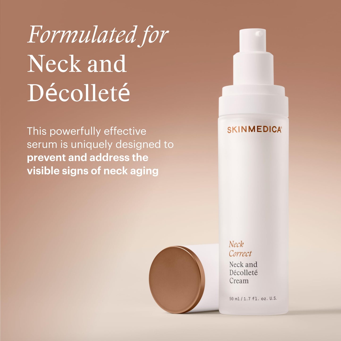 SkinMedica anti aging serum bottle highlighting target areas for neck skin tightening.