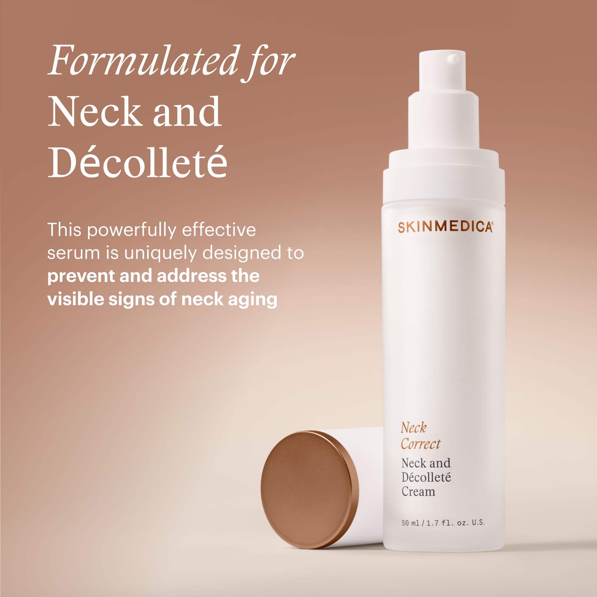 SkinMedica anti aging serum bottle highlighting target areas for neck skin tightening.