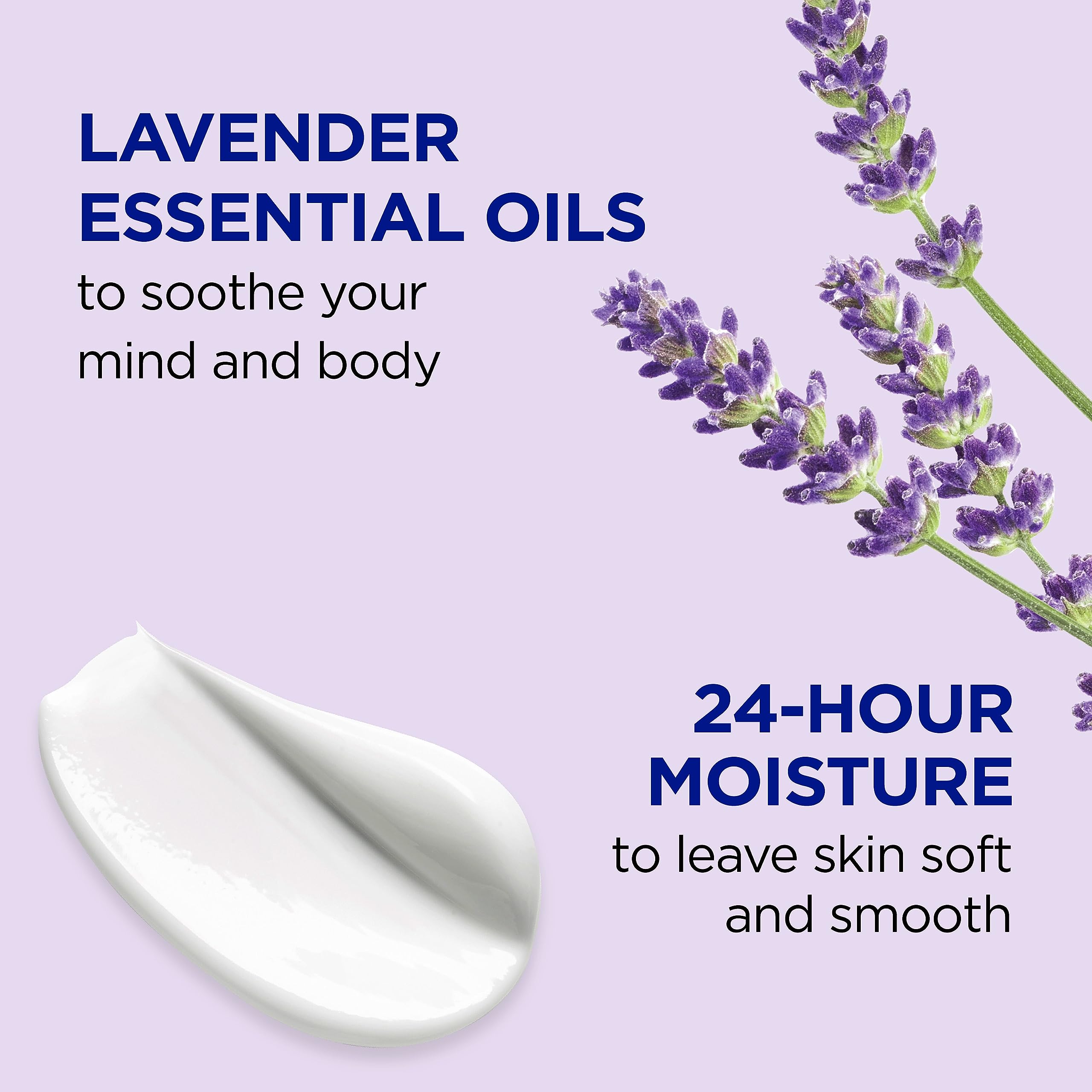 Dr Teal's Lavender Essential Oil moisturizing body lotion triple pack highlighting 24 hour hydration claim