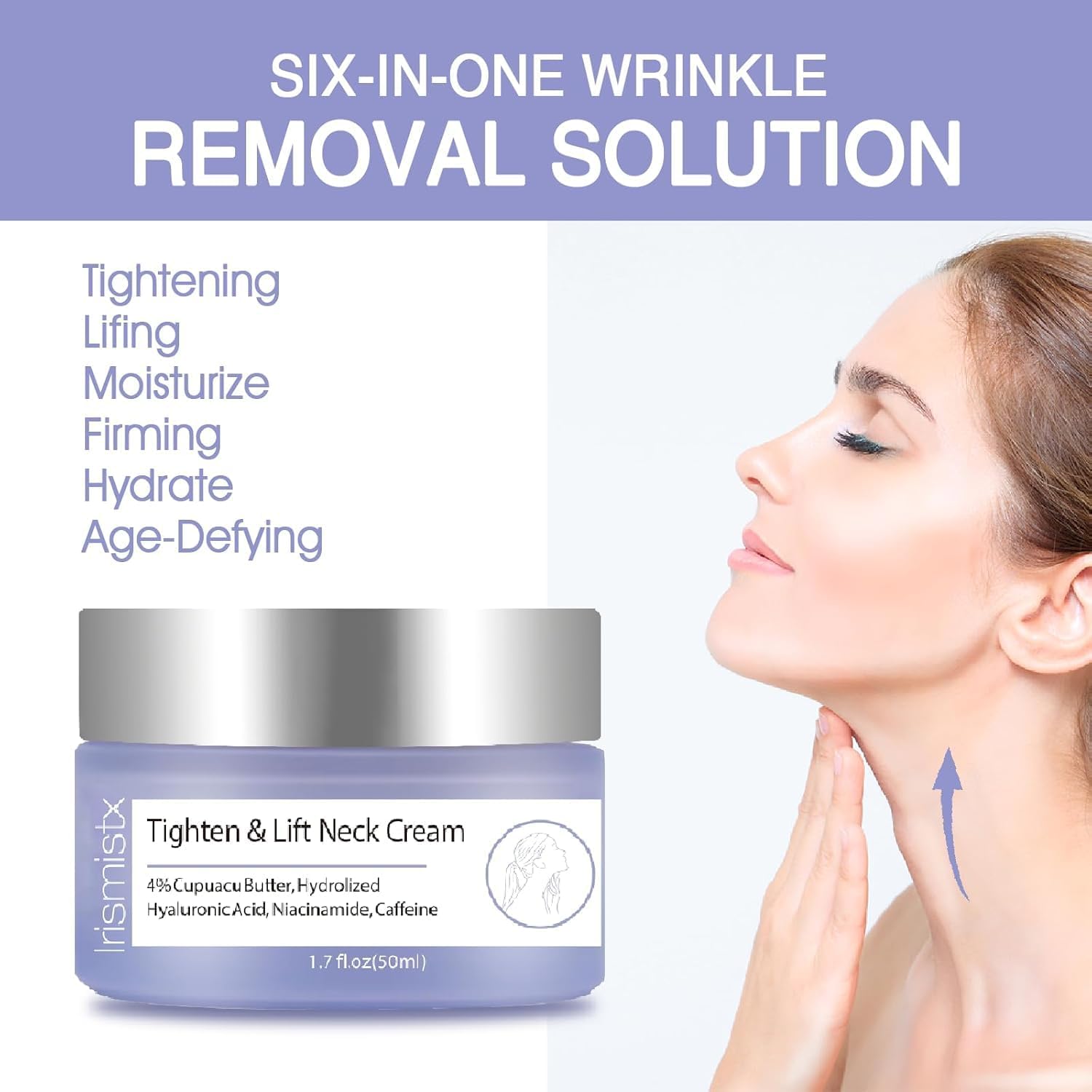 Irismistx neck and decollete tightening formula with cupuacu butter ingredient highlight.