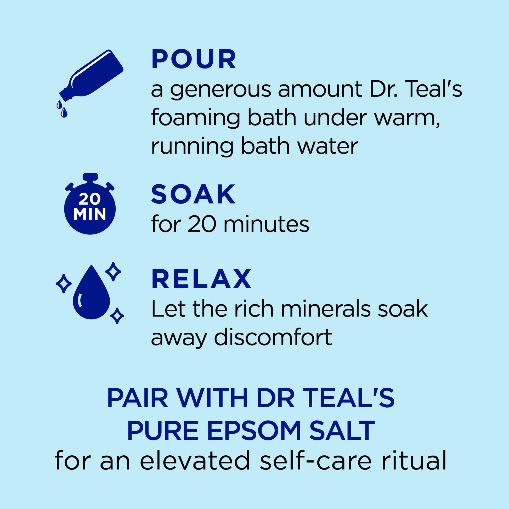 Back label of Dr Teal's Restorative Minerals showing instructions and ingredients