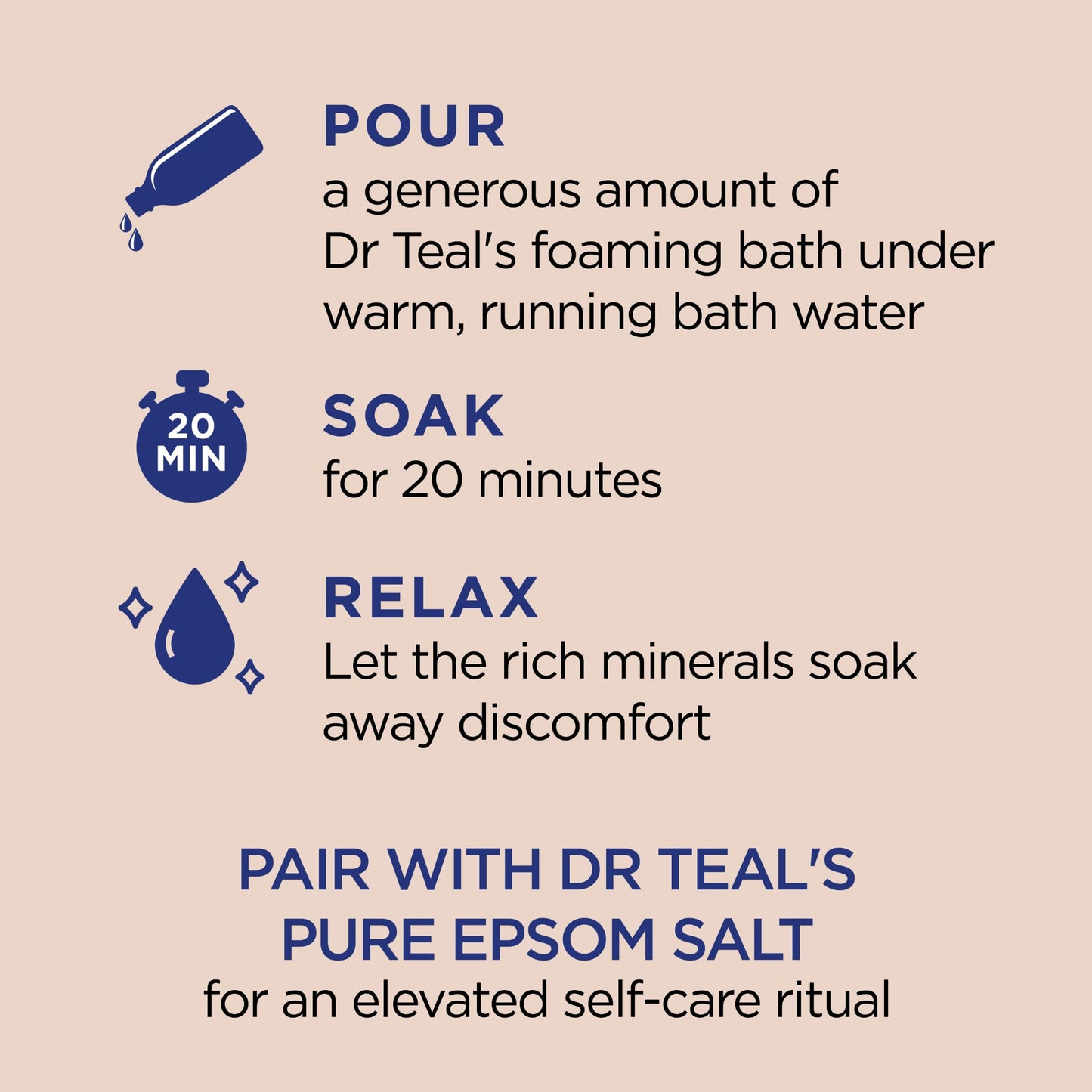 Back label of Dr Teal's 62.5 Fluid Ounce Foaming Bath showing product directions and ingredients list