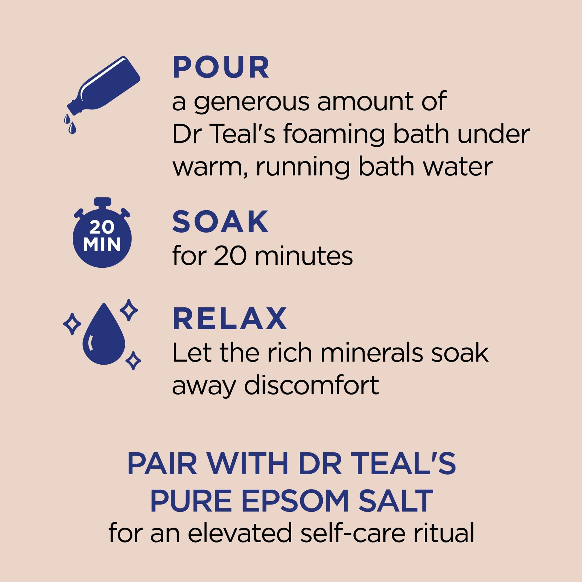 Back label of Dr Teal's 62.5 Fluid Ounce Foaming Bath showing product directions and ingredients list