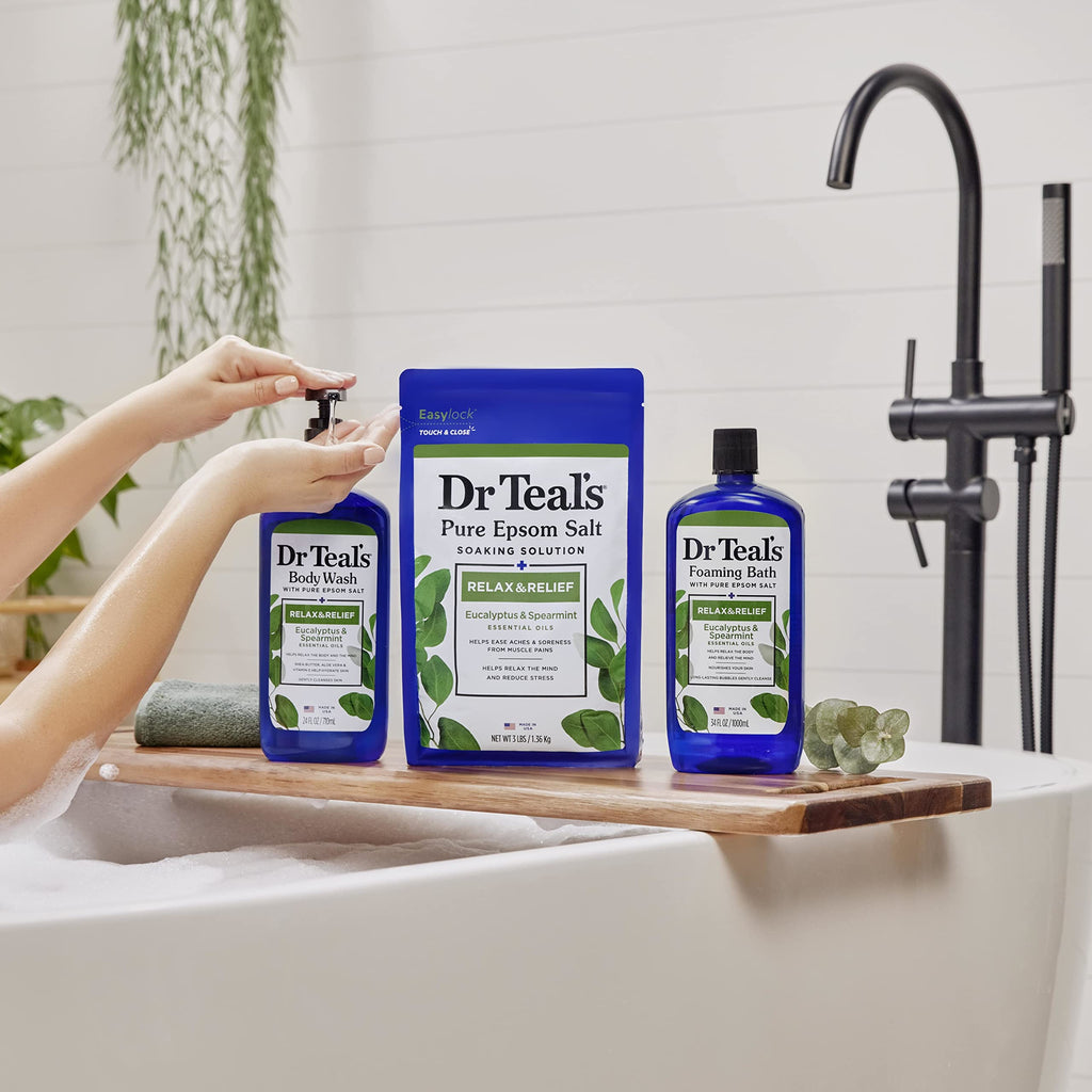 Lifestyle image of relaxing bath setup with eucalyptus bubbles