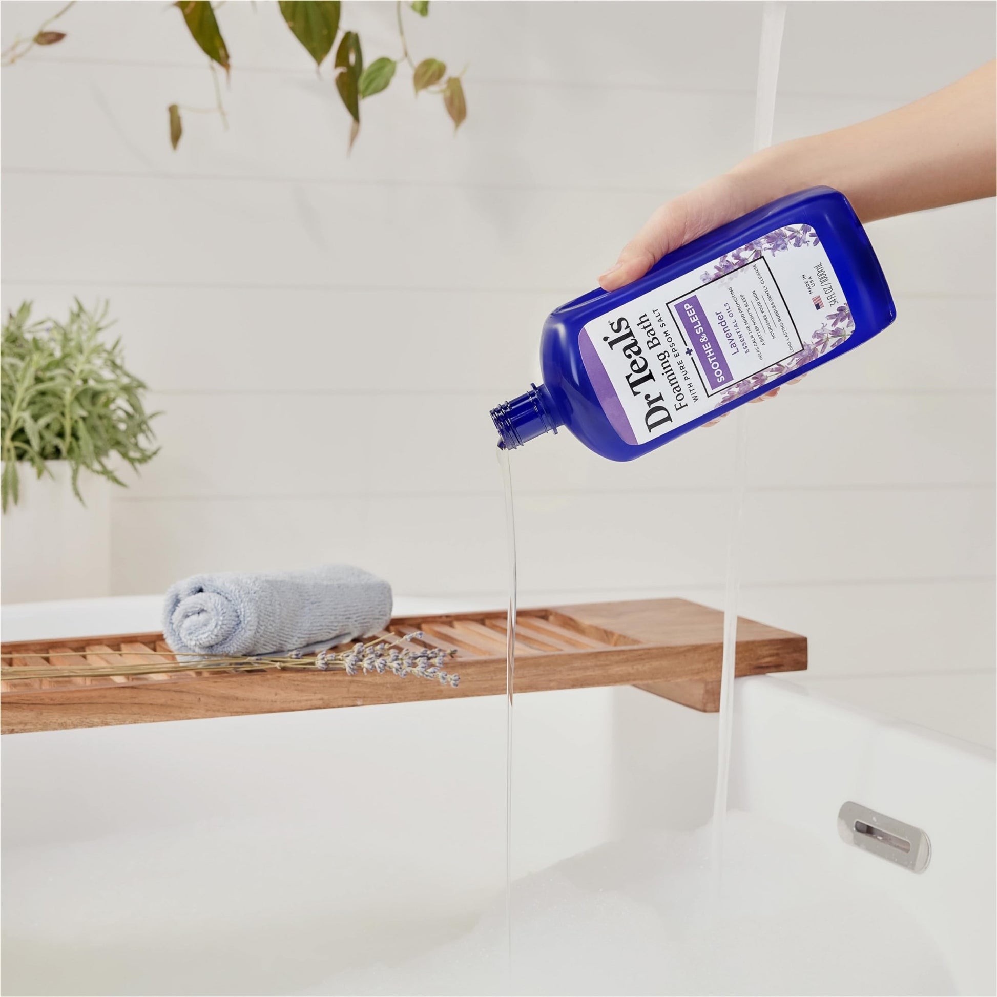 Close up of Dr Teal's thirty four fluid ounce relaxing bubble bath label packaging