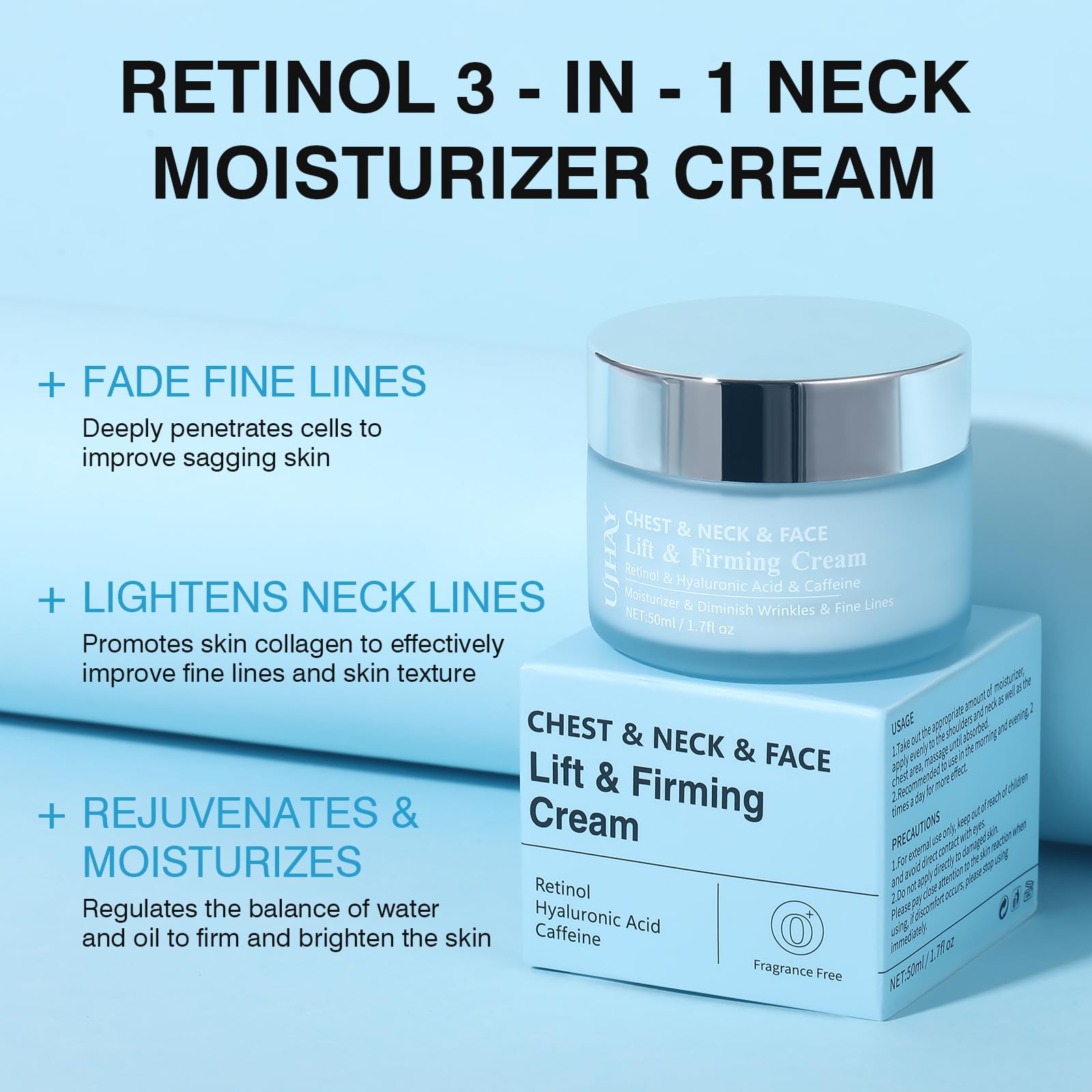 Side profile of UJhay 3-in-1 moisturizing cream for face neck and chest.
