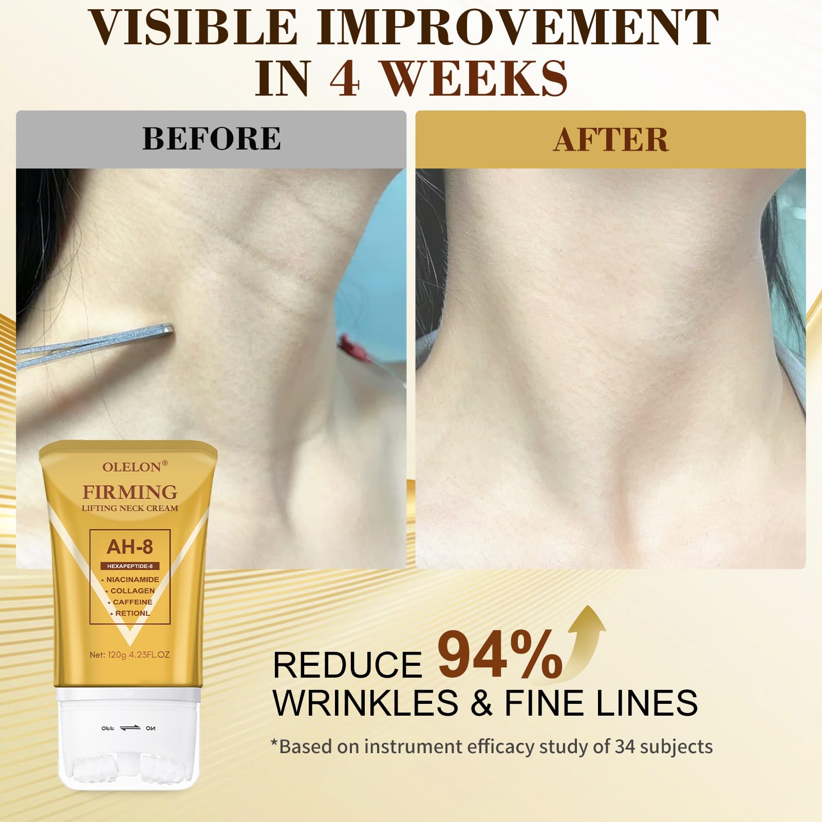 Close up of 2026 upgrade Olelon neck cream packaging