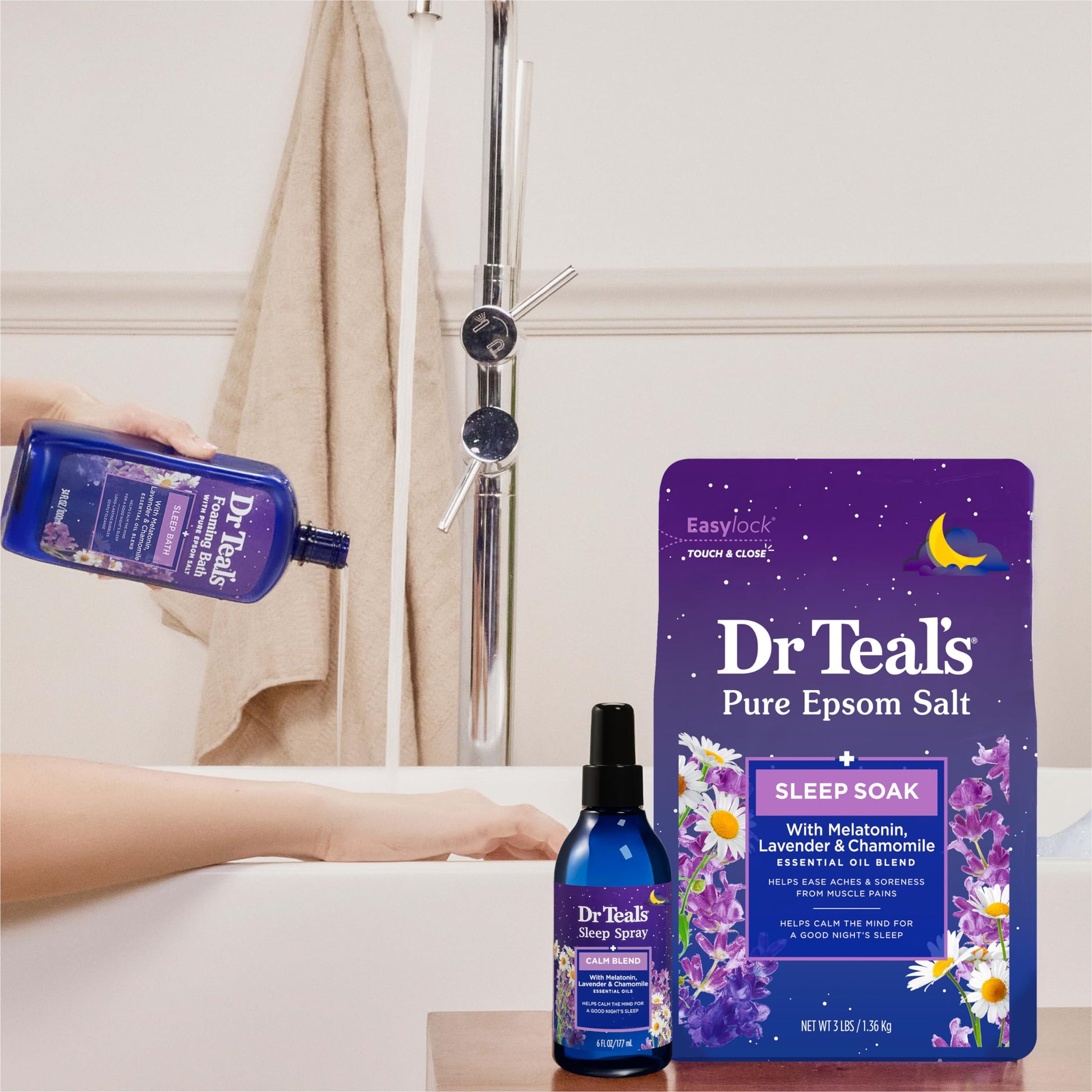 Dr Teal's bubble bath running under warm water creating long lasting foam