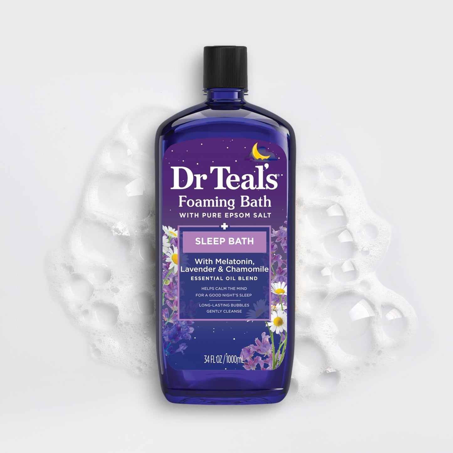 Dr Teal's Foaming Bath back panel displaying usage instructions and clear ingredients list
