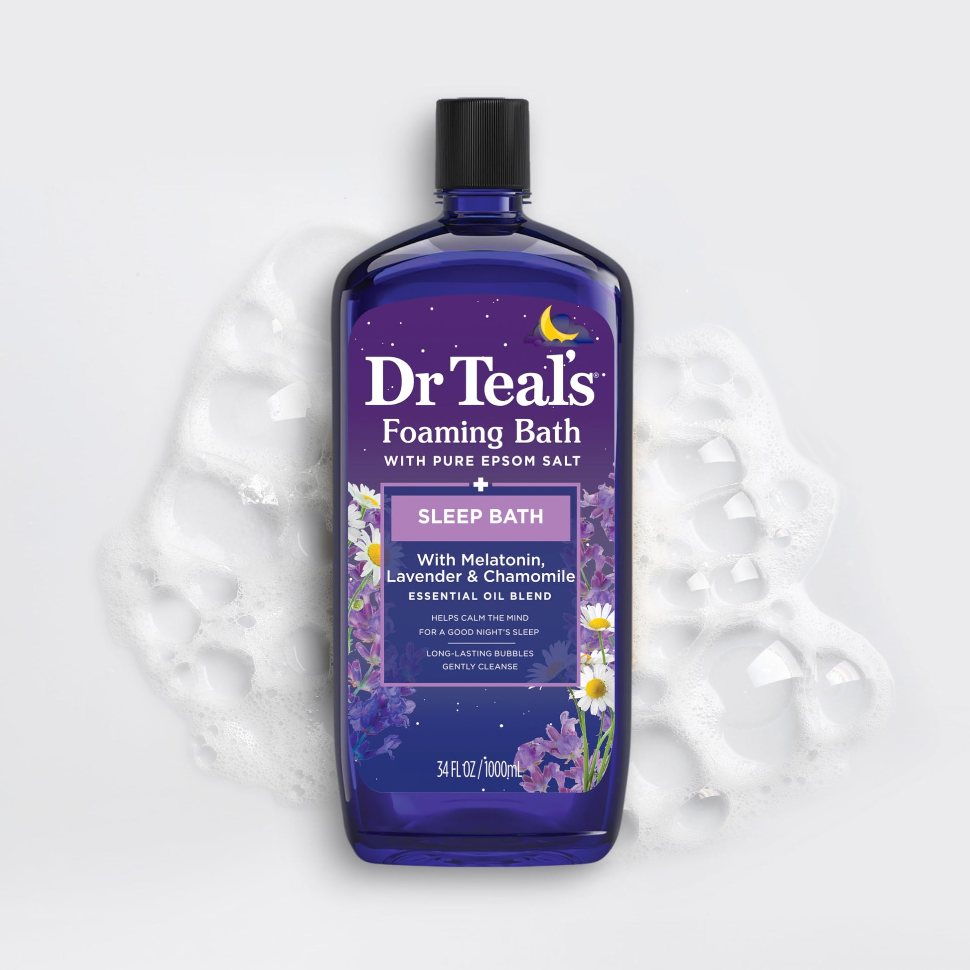 Dr Teal's Foaming Bath back panel displaying usage instructions and clear ingredients list