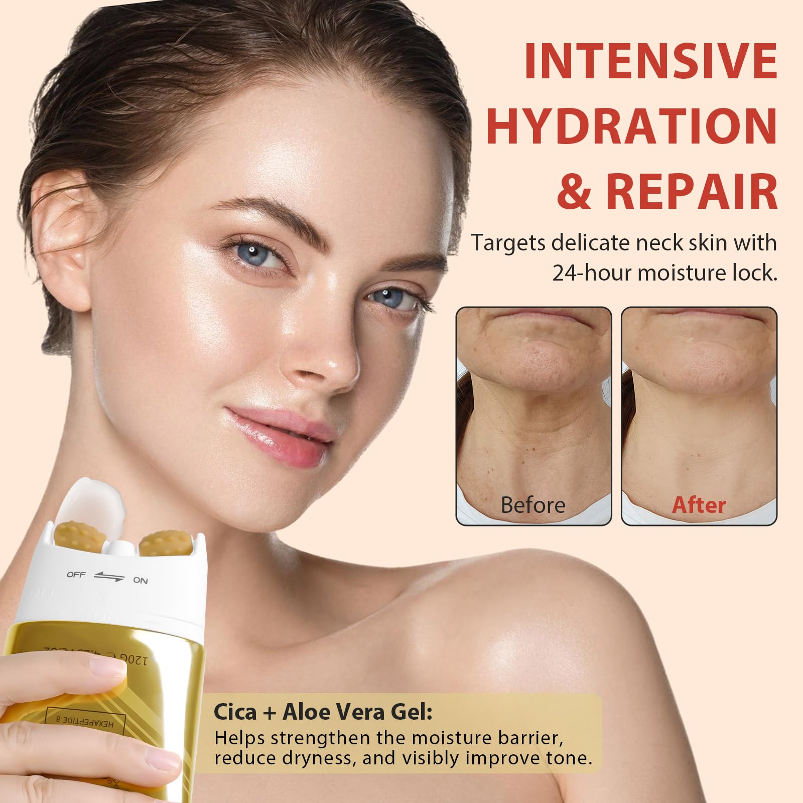 NQINQI anti aging neck tightening cream showing the built in dual roller applicator