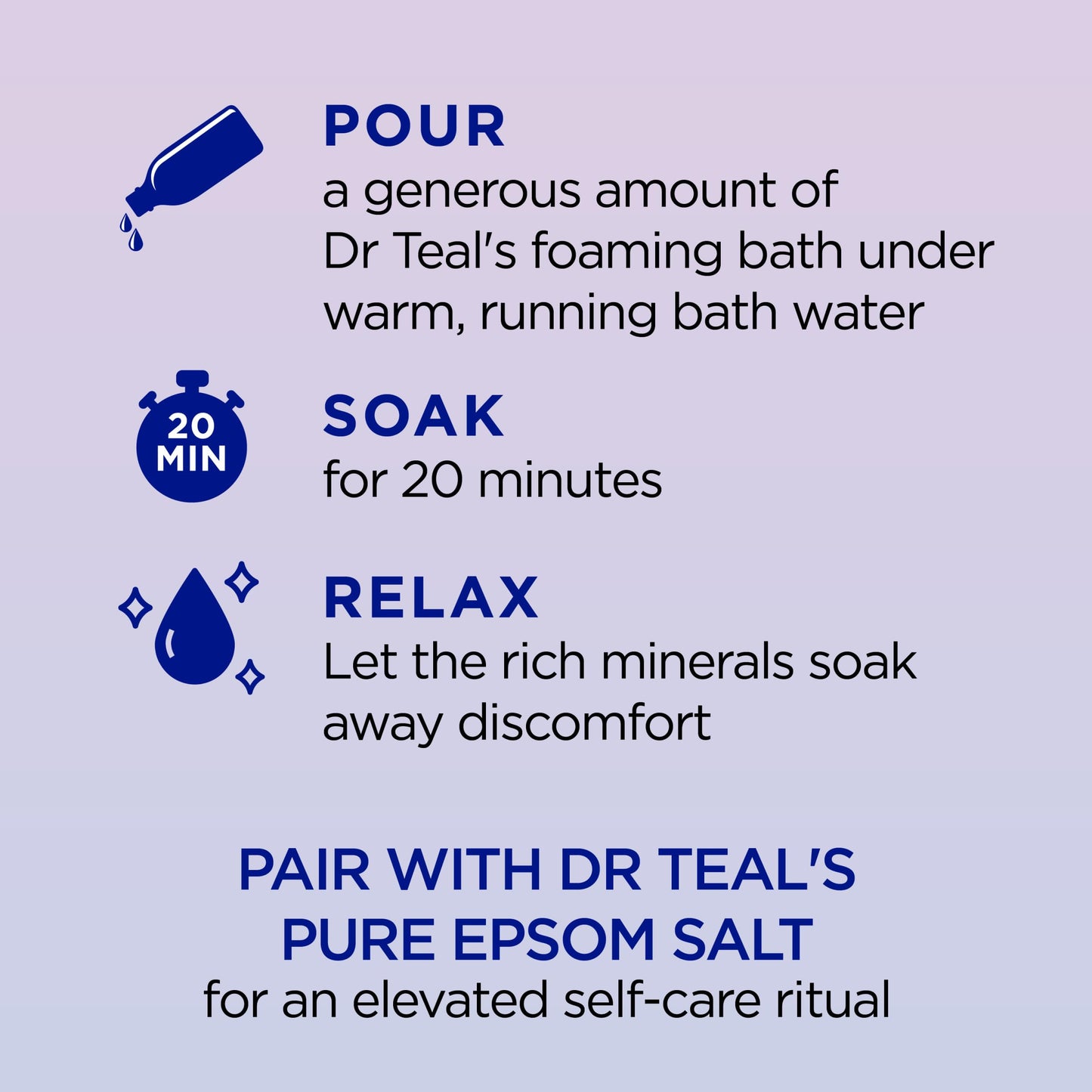 Back label of Dr Teal's Sleep Blend foaming bath with ingredients list and usage directions.
