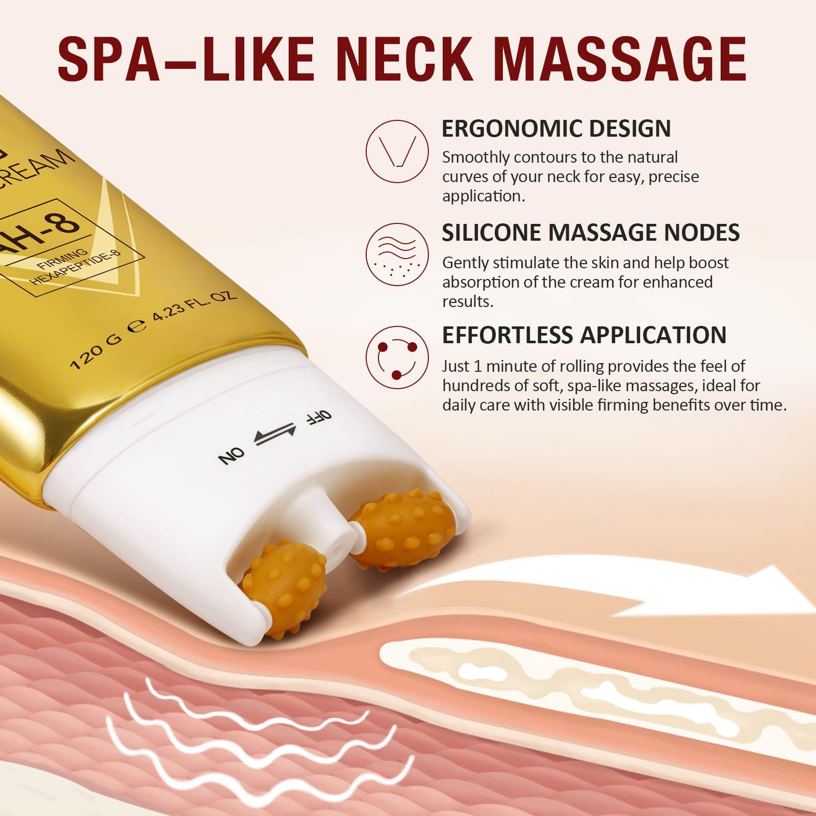 Liefiet AH-8 neck firming cream tube showing roller massager
