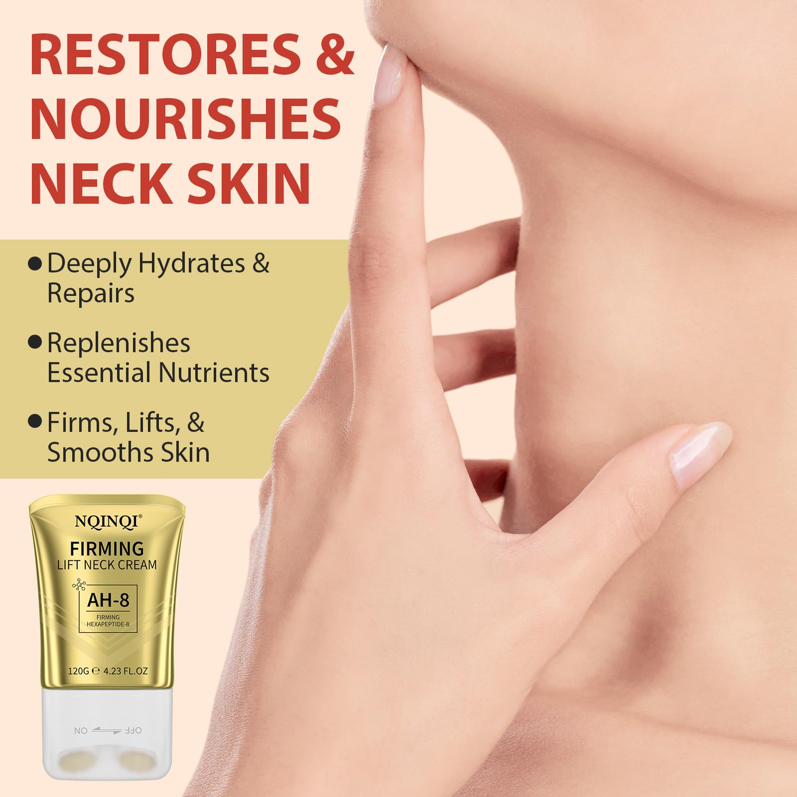 Close up view of the 360 degree massage roller ball on the neck cream tube