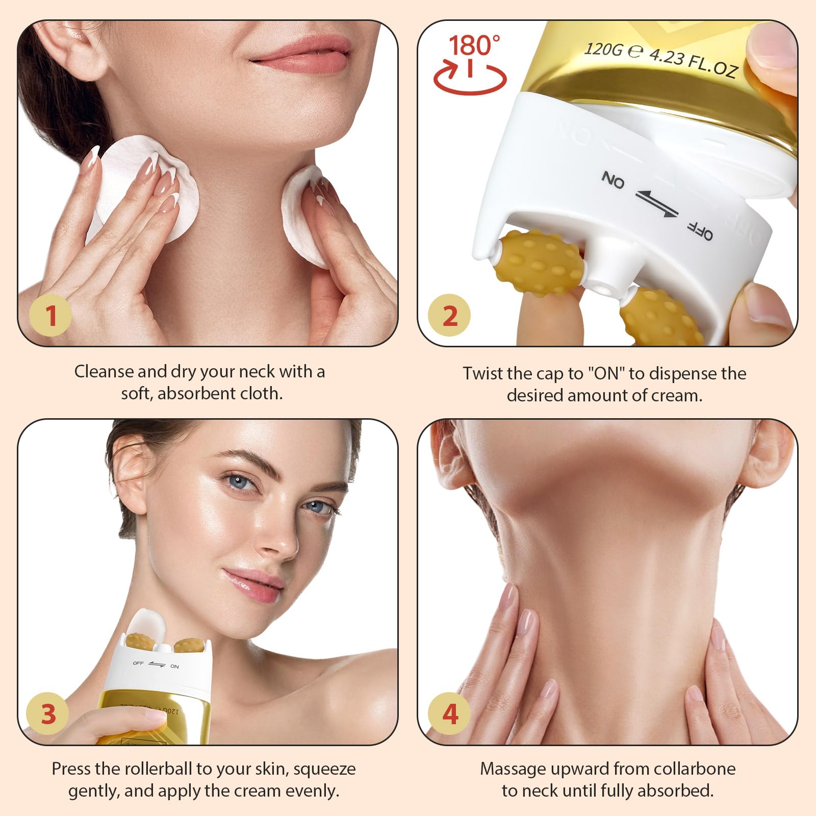 Premium gold tube of authentic NQINQI peptide neck cream on an e-commerce background