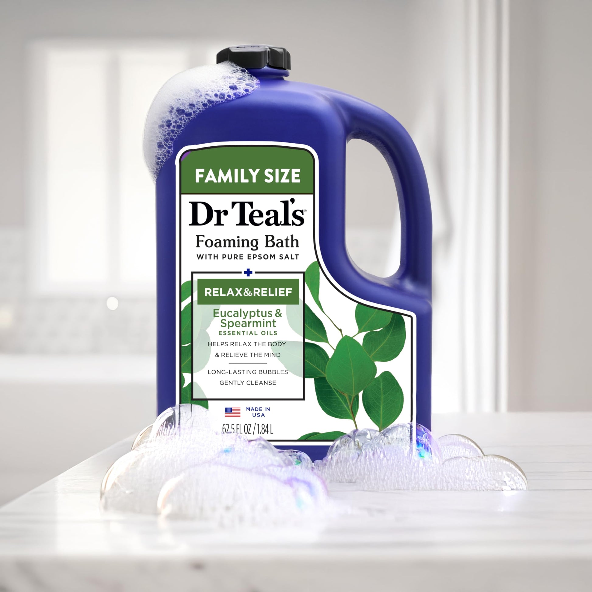 Authentic Dr Teal's aromatherapy bubble bath bottle showing size and ingredients