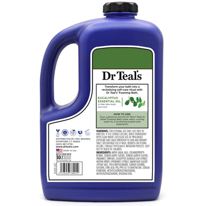 Back view of Dr Teal's 62.5 fluid ounce eucalyptus spearmint bottle instructions