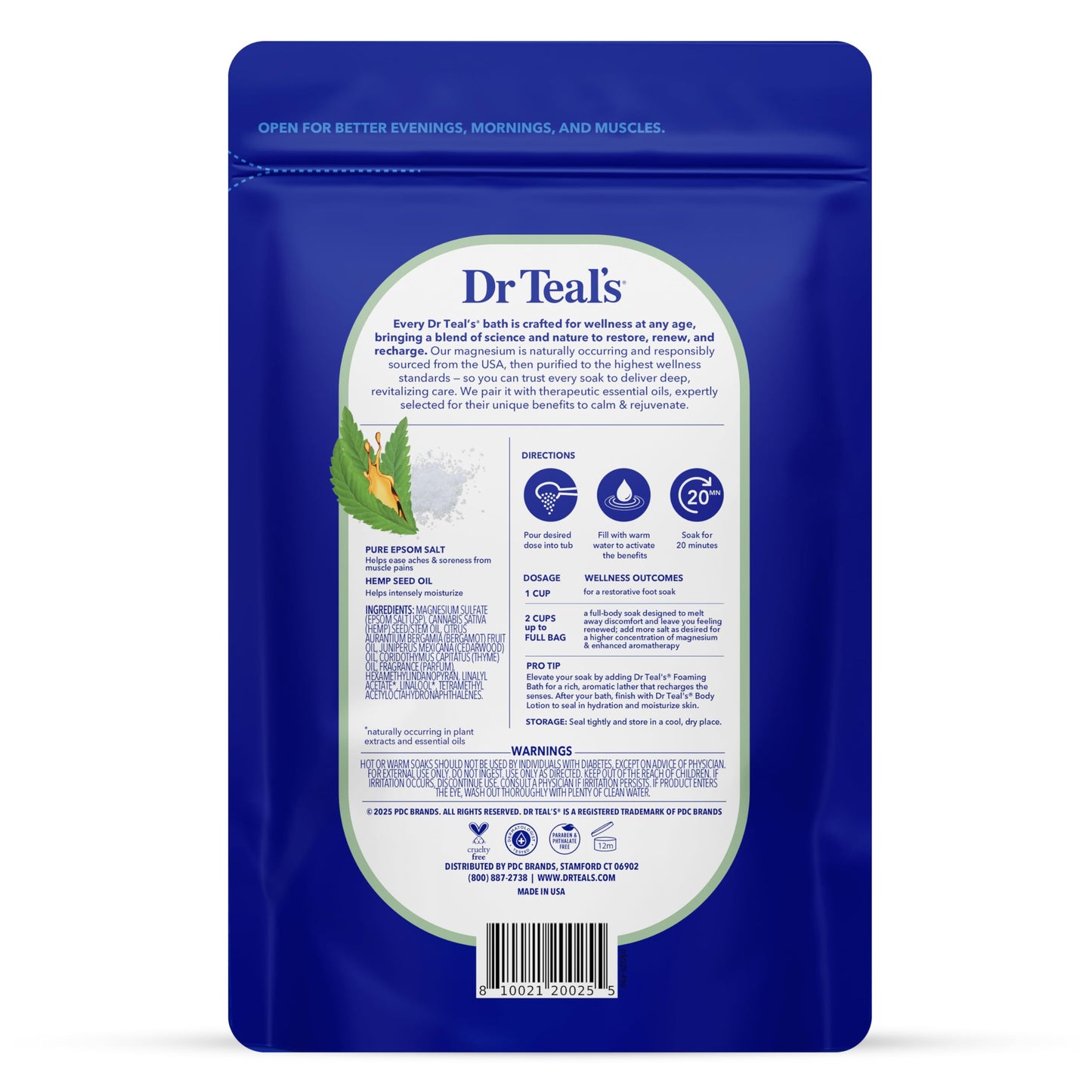 Dr Teal's magnesium sulfate bath soak with hemp seed oil back panel showing instructions
